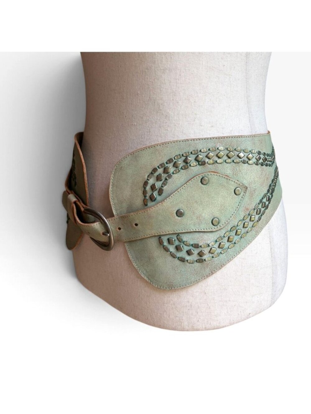 Calleen Cordero Wide Leather Studded Corset Belt Size 32 Green Western Boho Art